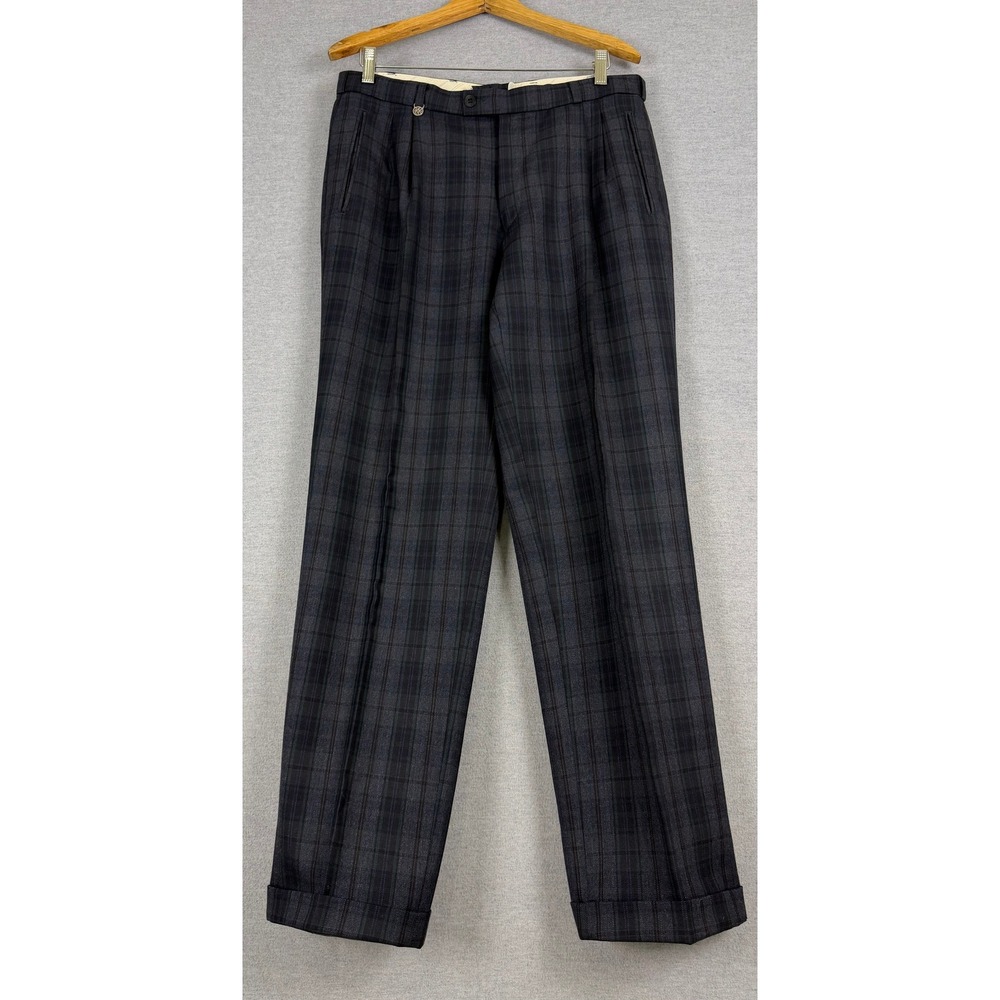 Vintage Bespoke Kohler Plaid Trousers Charcoal Blue Cuffed Dress Pants 34x32